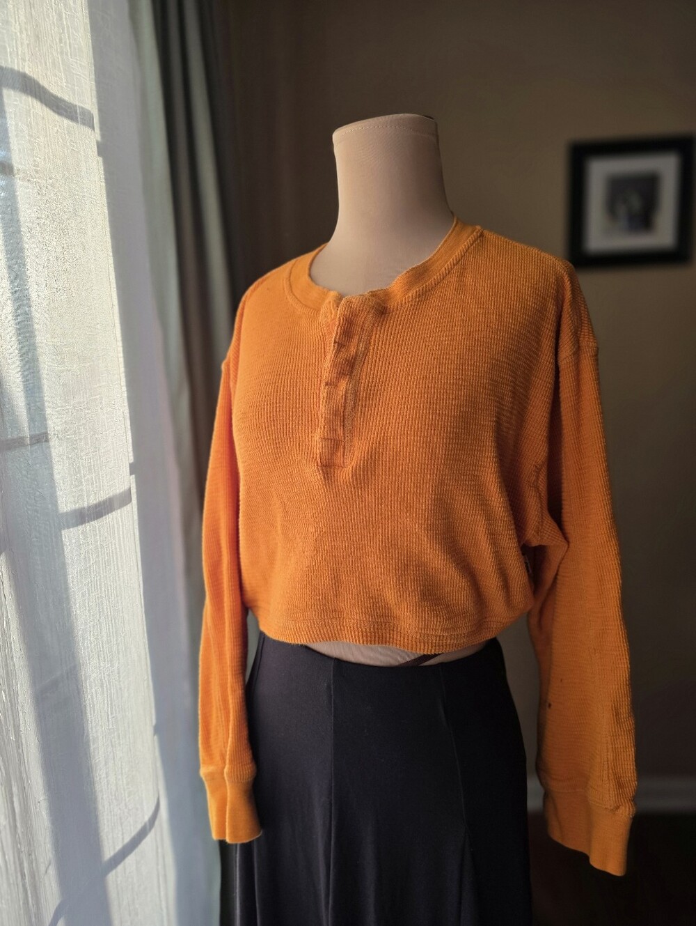 Cropped Thermal Henley BDG Urban‎ Outfitters Orange Waffle Knit Top Shirt Size M